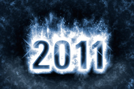 Happy New Year greeting with effect of magic spell, blue energy flames wrapping around digits 2011...