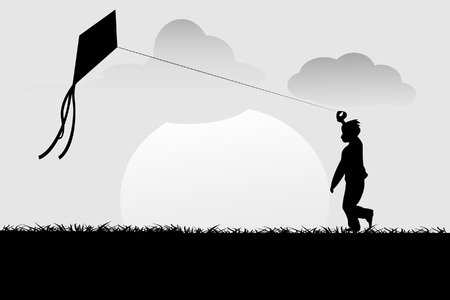 A kid is sending up a kite on the groundのイラスト素材