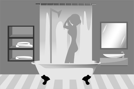 A woman is taking a shower in the bathroomのイラスト素材