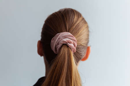Close-up of a natural blonde hair, tied up in a ponytail by pink velvet scrunchie, back viewの写真素材