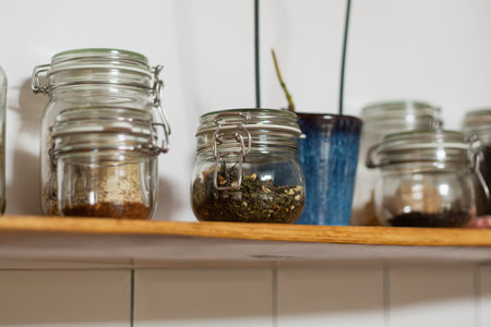 Close-up of a small glass jar full of green tea, home interior design, herbs for consumption, drinking hot drink, winter, christmas mood, rustic styleの写真素材
