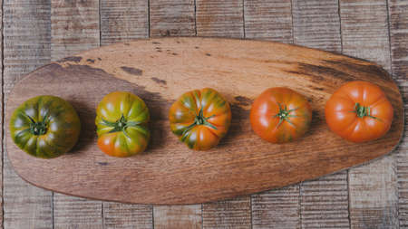 Delicious organic tomatoes on a wooden board. Fresh tomatoes, can be used as a background ..の写真素材