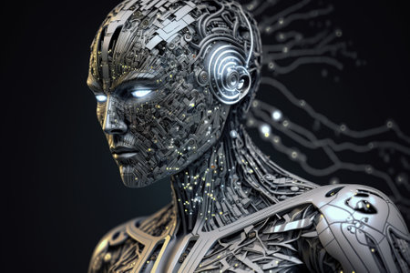 Silver metal humanoid robot with printed circuit boards and mechanical parts.  Generative AI.の素材
