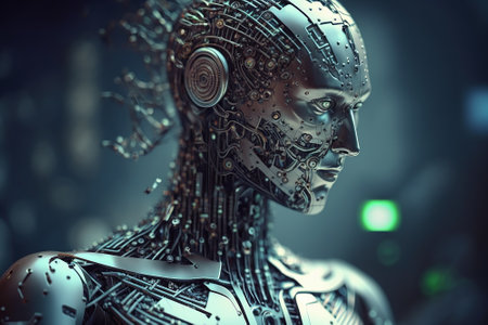 Futuistic silver metal humanoid robot with printed circuit boards and mechanical parts.  Generative AI.の素材