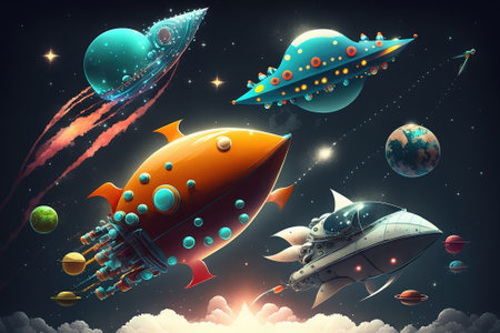 Space ships in a starry sky in vivid colours for childrens' art. Generative AI.の素材