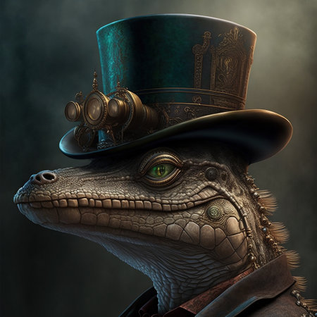 Realistic steam punk alligator in a top hat against a textured background.  Generative AI.の素材