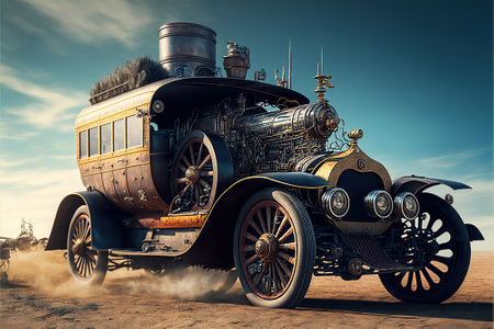 Steam punk car with steam engine against a desert scene of sand and sky.  Imaginary vehicle.  Generative AIの素材