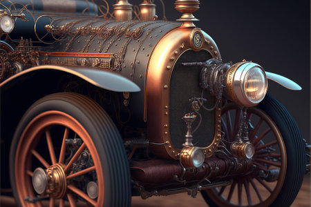 Steam punk car with steam engine against a a textured indoor background.  Imaginary vehicle.  Generative AIの素材