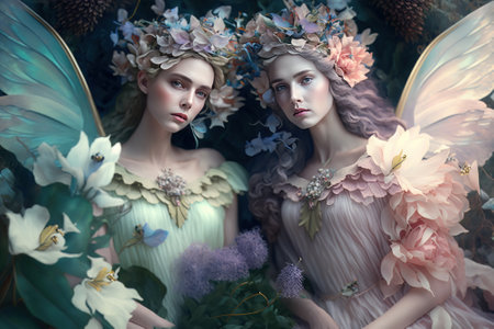 Beautiful fairies in pastel coloured dresses with gauze wings surrounded by flowers.  Generative AIの素材