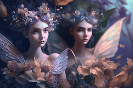 Beautiful fairies in pastel coloured dresses with gauze wings surrounded by flowers.  Generative AIの素材