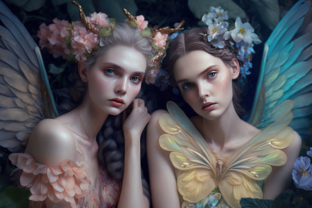 Beautiful fairies in pastel coloured dresses with gauze wings surrounded by flowers.  Generative AIの素材