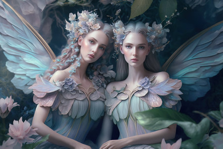 Beautiful fairies in pastel coloured dresses with gauze wings surrounded by flowers.  Generative AIの素材