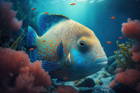Brightly coloured tropical fish underwater in a blue sea with coral and sand.  Generative AI.の素材