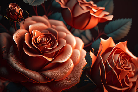 Metallic apricot coloured roses with grey leaves against a dark background for Valentines' Day or Mothers' Day.  Generative AI.の素材