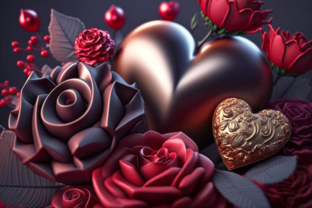 Metallic red and purple roses with grey leaves and gold hearts against a dark background for Valentines' Day or Mothers' Day.  Generative AI.の素材