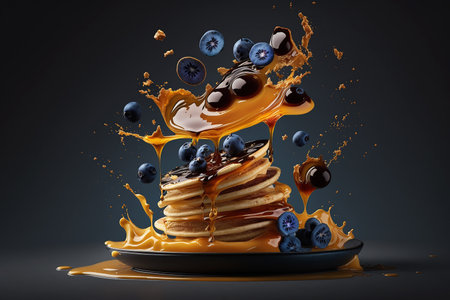 A stack of pancakes, blueberries and syrup flying onto a plate isolated against a blue background.  Generative AI.の素材