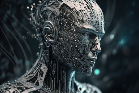 Futuistic silver metal humanoid robot with printed circuit boards and mechanical parts.  Generative AI.の素材