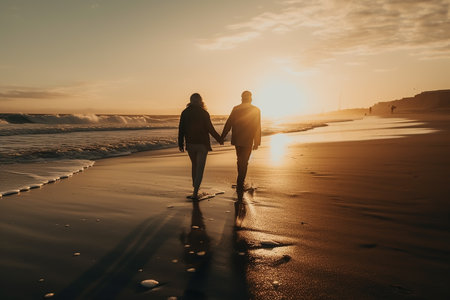 A man and a woman walking hand in hand along a sandy beach in the golden hour at sunset.  Generative AI.の素材