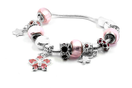 Ladies bracelet charms on a white backgroundの写真素材