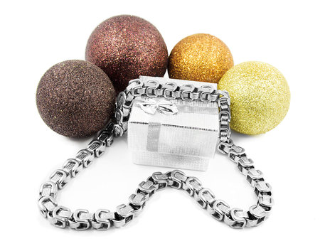 Christmas balls and silver chain around his neck. On a white background