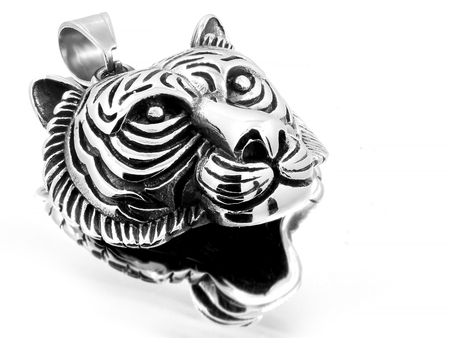 Pendant Head Tiger - Stainless Steel - Jewelry - One color backgroundの写真素材