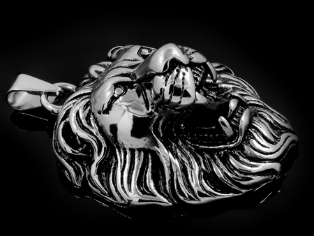 Head Lion - Animal King Jewelry - Silver Pendant Stainless Steel - One Background Colorの写真素材