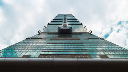 Taipei, Taiwan- April 27, 2015: The tallest building in Taiwan, Taipei 101, view from a ground Symmetry background and wallpaperのeditorial素材