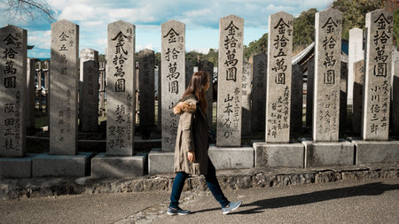 Nara, Japan - November 15, 2018: Female tourists visiting temples. Nigatsu-do a Buddhist Temple in Nara, Japan.のeditorial素材