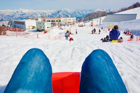 Yuzawa, Niigata, Japan, April 2017 : TRAVELLER PLAY SLED DOWN HILL IN SUNNY DAY. SLEDDING AND SNOW PLAY CONCEPT.のeditorial素材