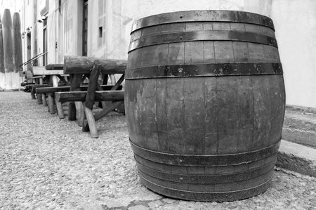 B&W Barrel outdoor, next to local pubの写真素材