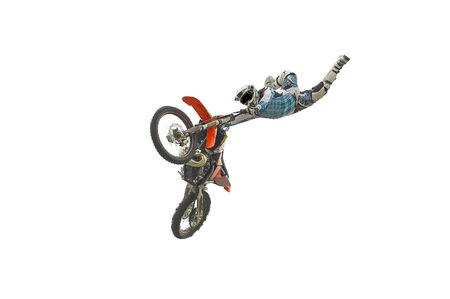 Motocross rider performing dangerous jumps with his bike isolated on white. Motocross rider performing dangerous jumps with his bike isolated on white.