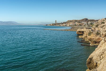 View of mediterranean sea from "Cantal's Cliff" in "Cala of Moral". Malaga. Spain.の写真素材