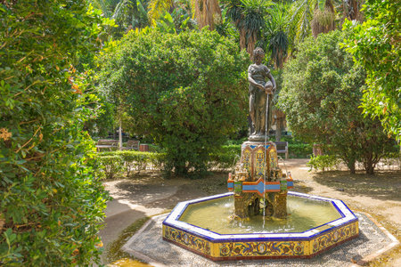 Picturesque view of fountain inside famous park of Malaga. Spain.の写真素材