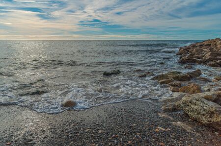 Mediterranean Beach in the "PeÃ±Ã³n del Cuervo" beach in MÃ¡laga. Costa del Sol. Spain.の写真素材