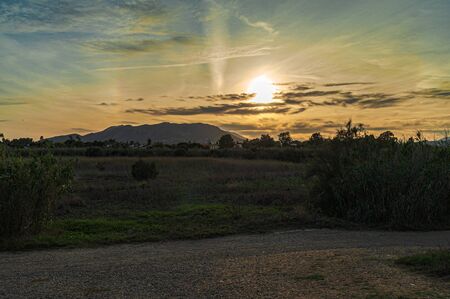 Beautiful sunset in the Natural Park of River Mouth Guadalhorce. Costa del Sol. Malaga. Spain.の写真素材
