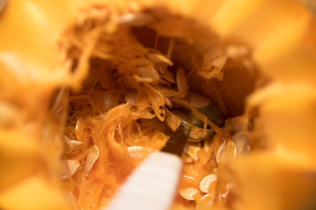 Carving from the pumpkin of lantern on halloween. Closeup.の写真素材