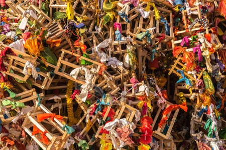 Fertility ornaments hung from a tree by hopeful couples, Koneswaram Hindu temple, Swarmi Rock.の写真素材