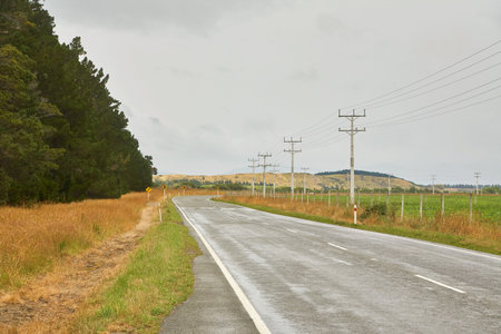 Deserted road in New Zealand in the rain