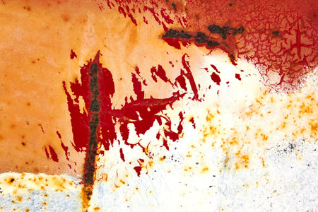 Grunge rusty metal texture background. Red and yellow paint splashes.
