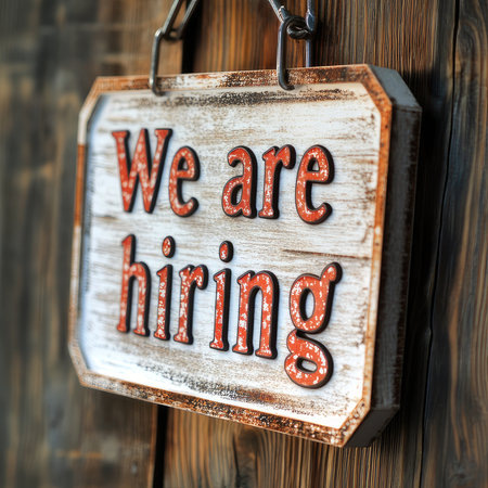creative job poster with a wooden sign on a chain and the text "We are hiring" on the background of a wooden doorの素材