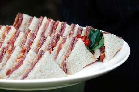 Triangle sandwiches with tomato and salamiの写真素材