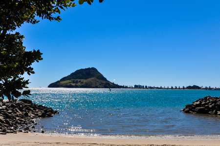 View of Mount Maunganui across the harborの写真素材