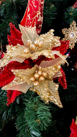 Red and Gold fake flower decoration on a Christmas treeの写真素材