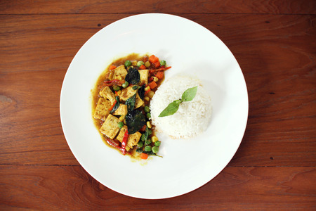 rice with fried bean curd for veganの写真素材