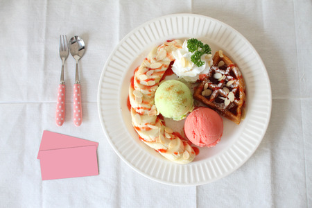 ice cream with waffle and bananaの写真素材