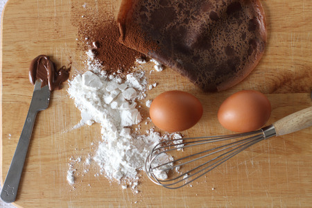 chocolate pancakes crepes with ingredients. top viewの写真素材