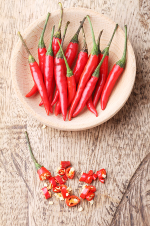 Red Hot Chili Peppers in bowl on wooden backgroundの写真素材