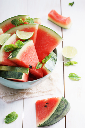 Watermelon. Slices of fresh watermelon on white backgroundの写真素材