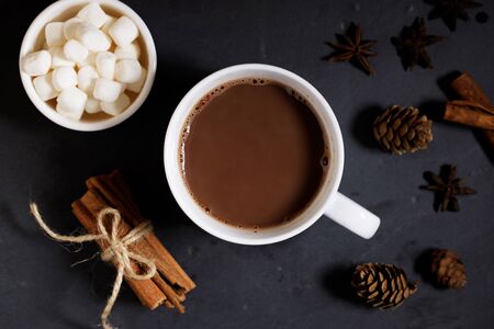 White ceramic cups of hot cocoa with marshmallows on top of rustic black backgroundの写真素材