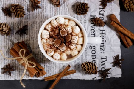White ceramic cups of hot cocoa with marshmallows on top of rustic black backgroundの写真素材
